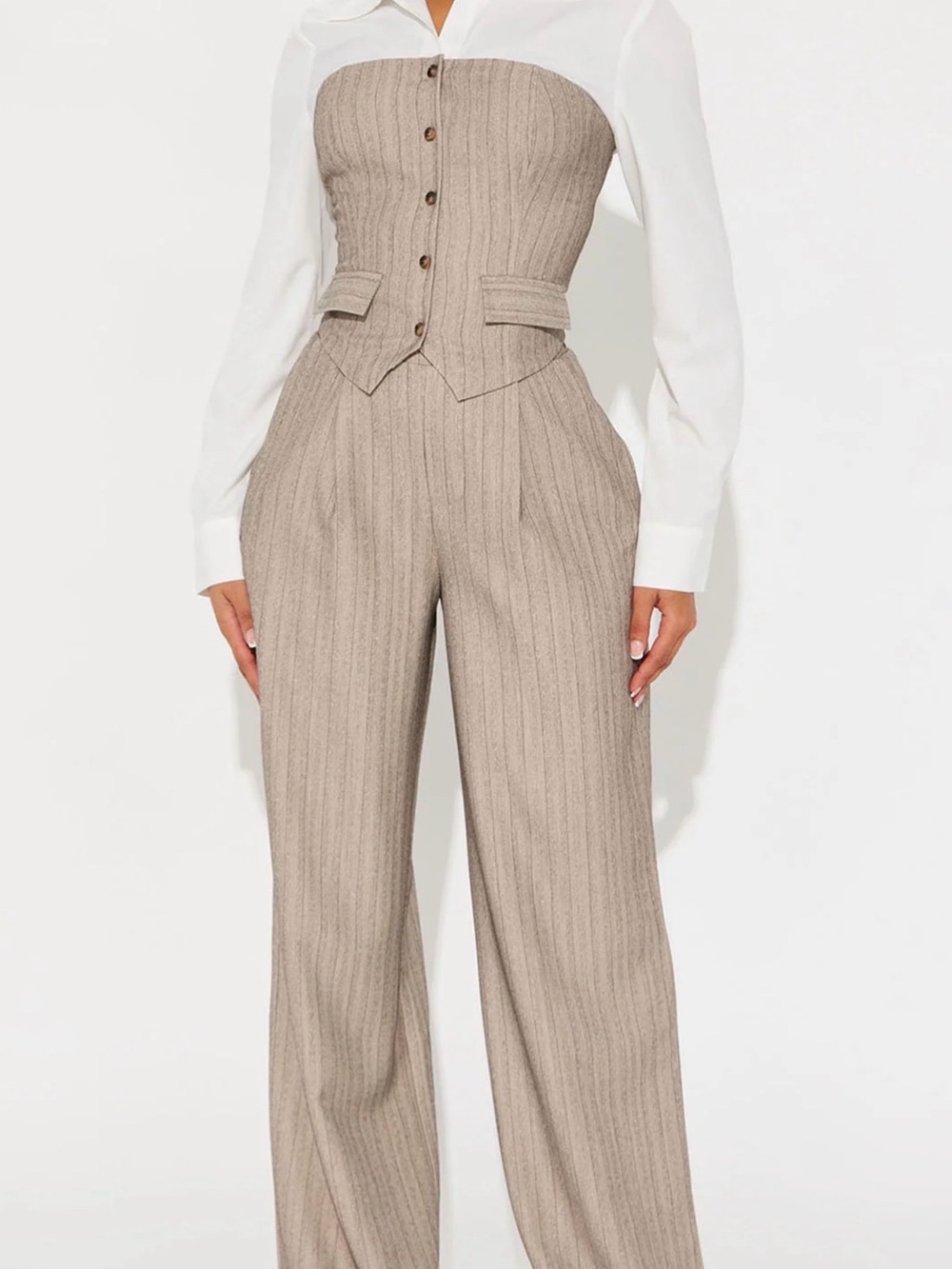Fashion Nova Beige Pinstripe High-Waist Wide-Leg Trousers